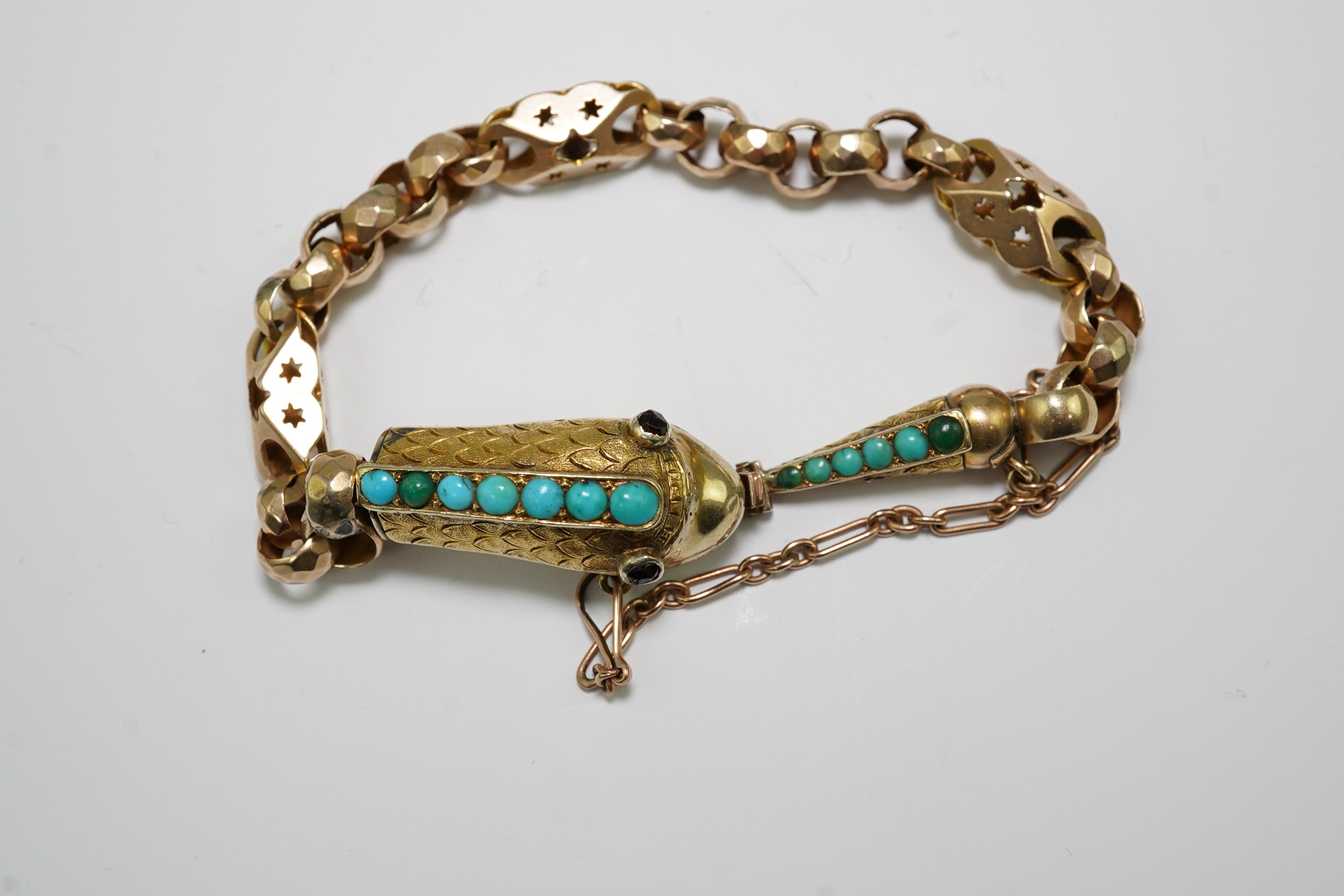 A Victorian gold and turquoise cluster set serpent bracelet